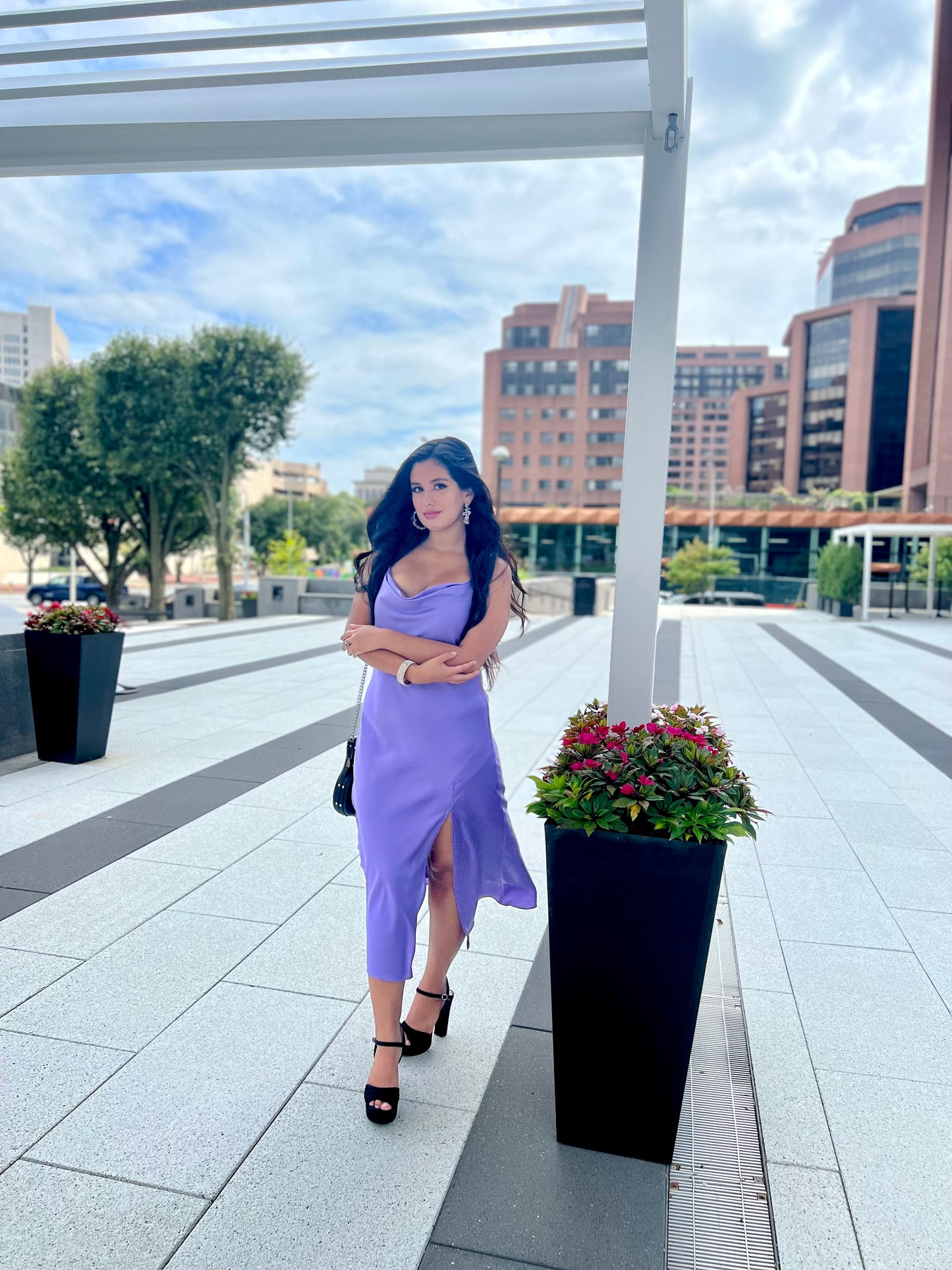 Lilac satin cowl neck midi dress with side slit