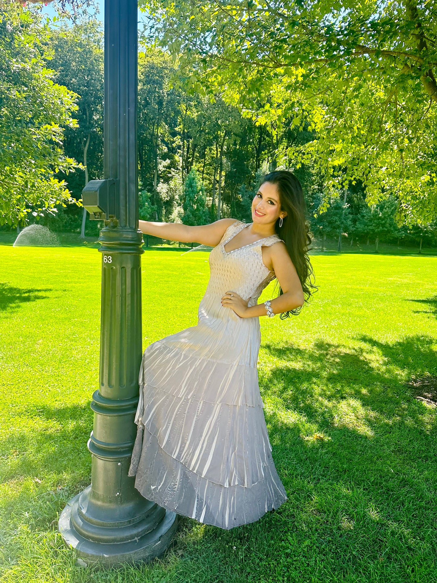 Beaded charmeuse and chiffon beige maxi dress