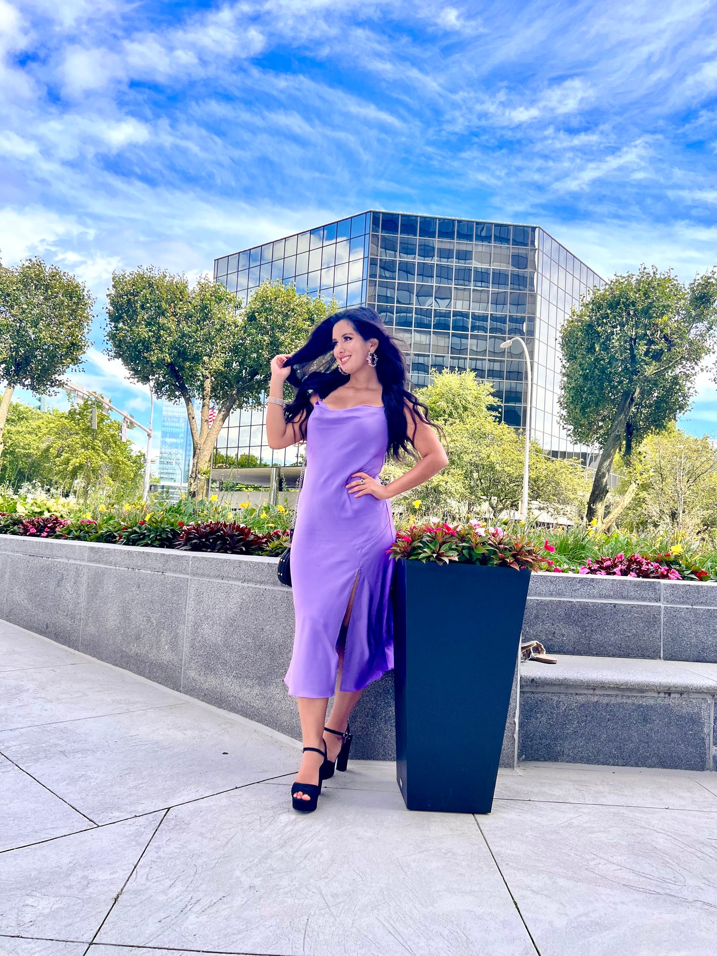Lilac satin cowl neck midi dress with side slit