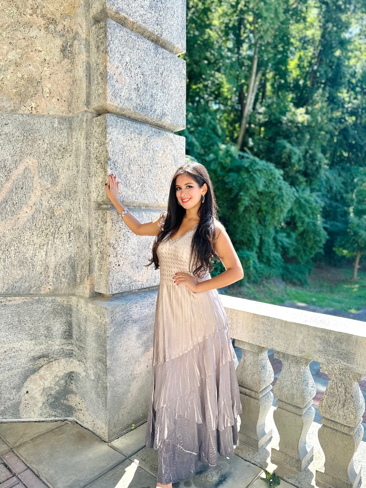 Beaded charmeuse and chiffon beige maxi dress