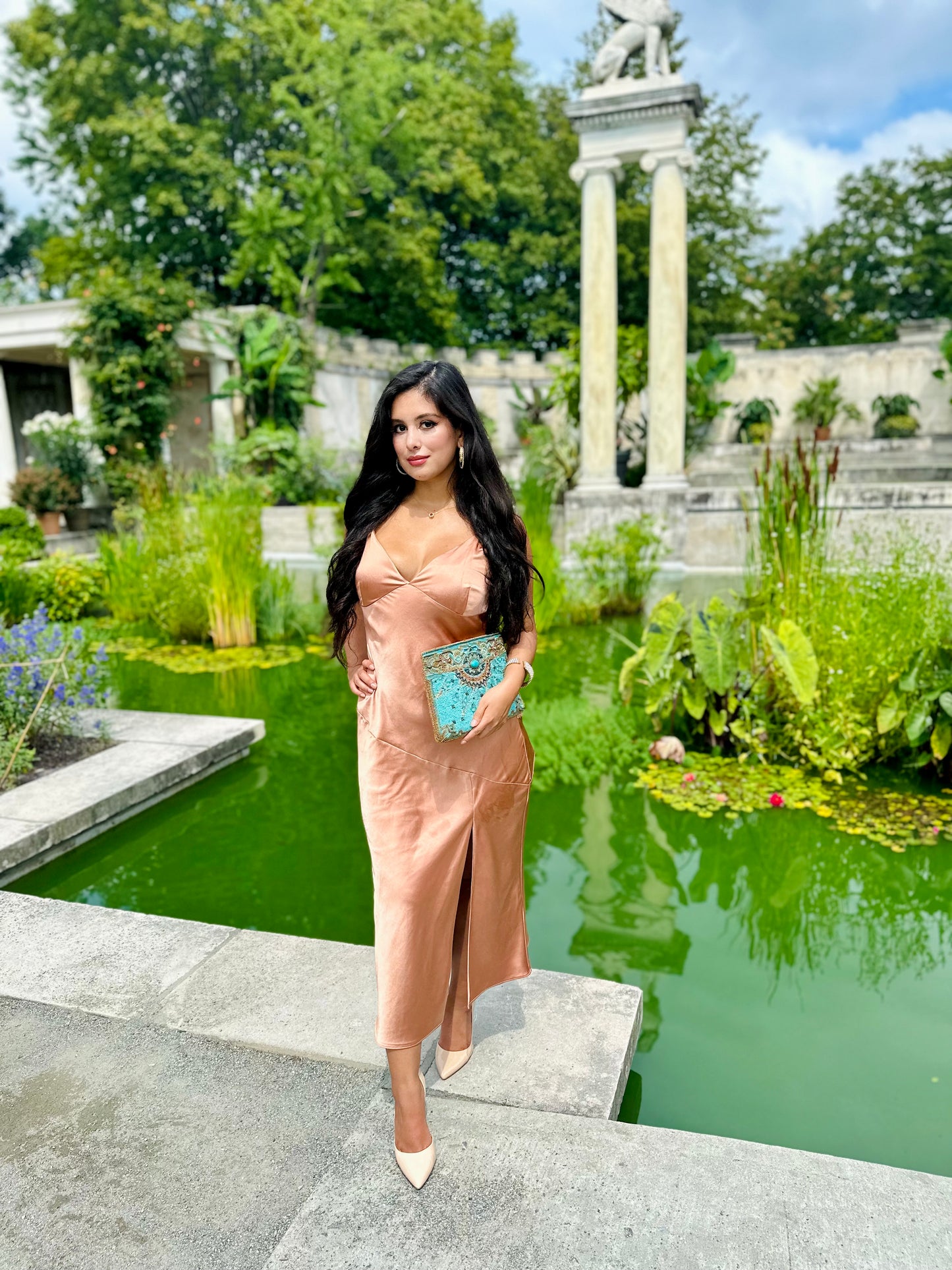 Coral pink satin cowl neck midi dress with side slit