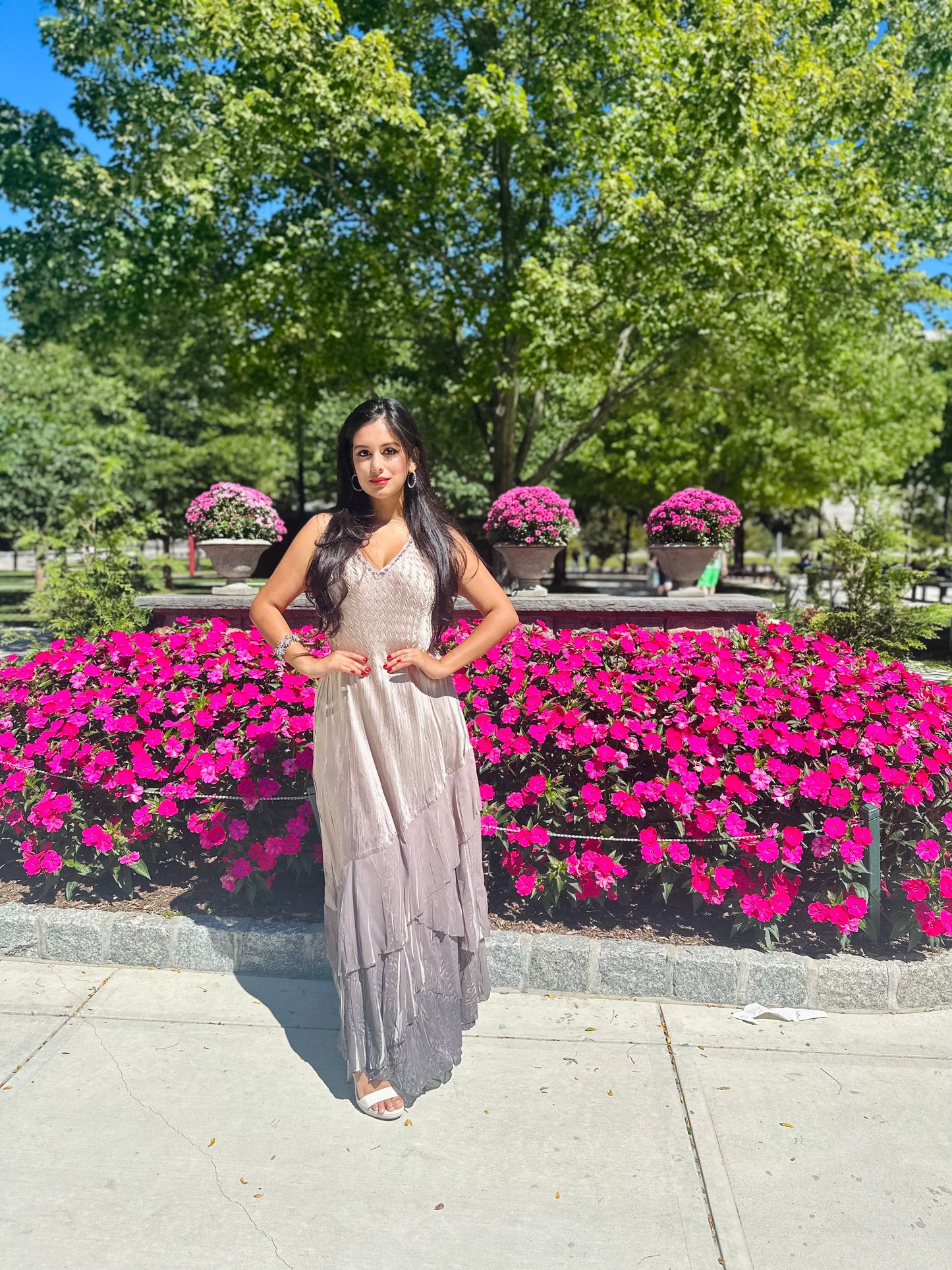 Beaded charmeuse and chiffon beige maxi dress