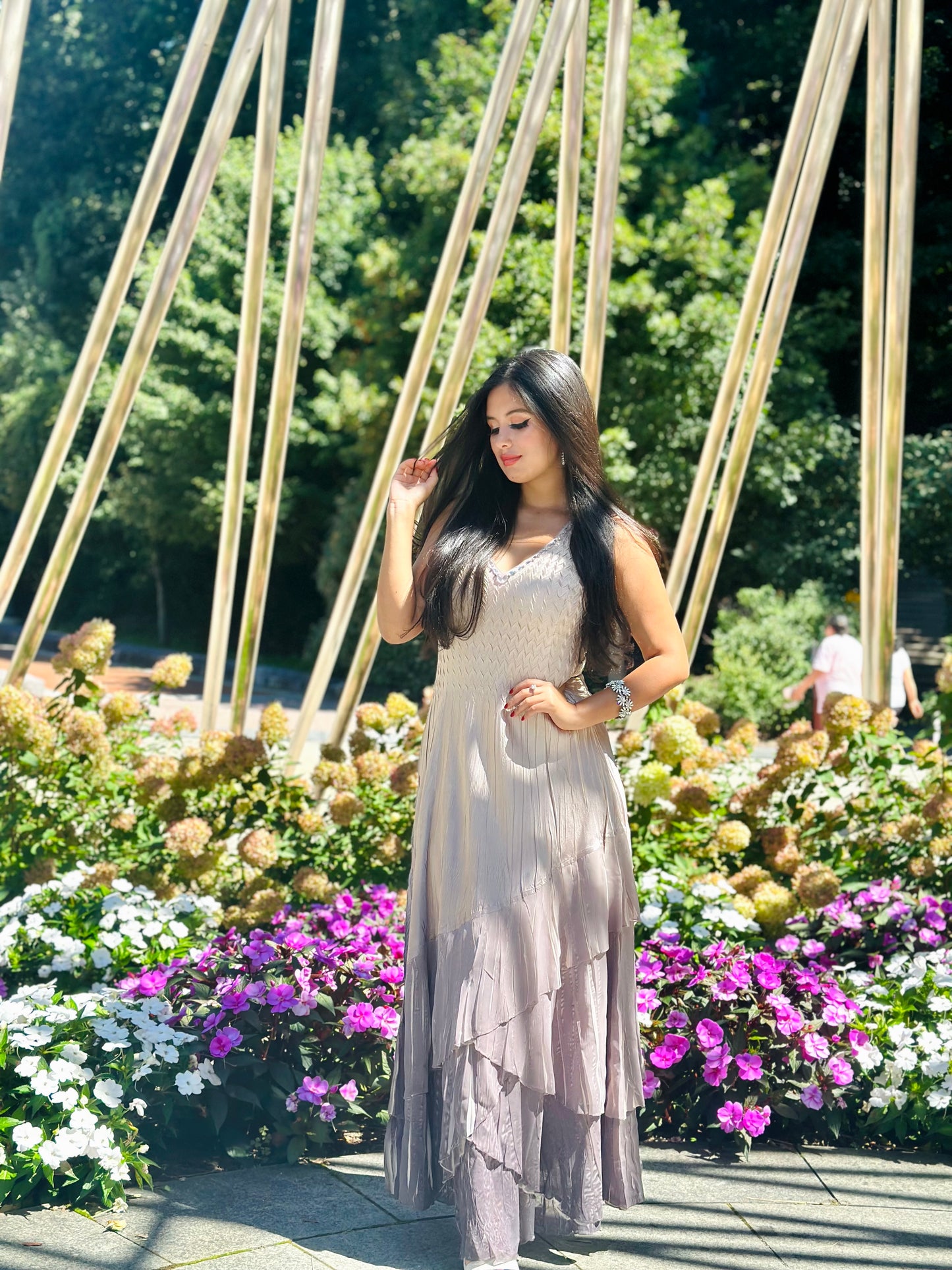 Beaded charmeuse and chiffon beige maxi dress