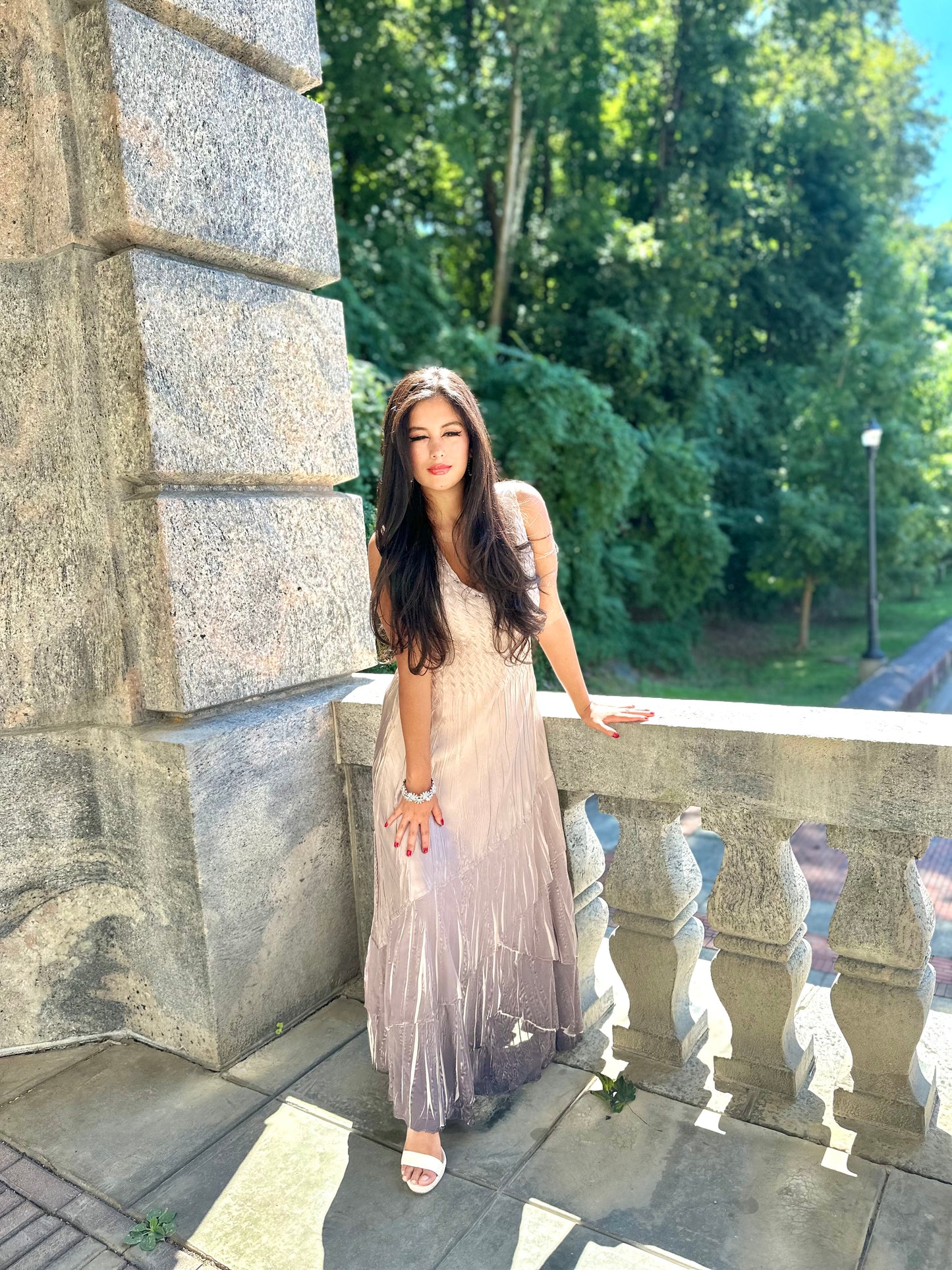 Beaded charmeuse and chiffon beige maxi dress