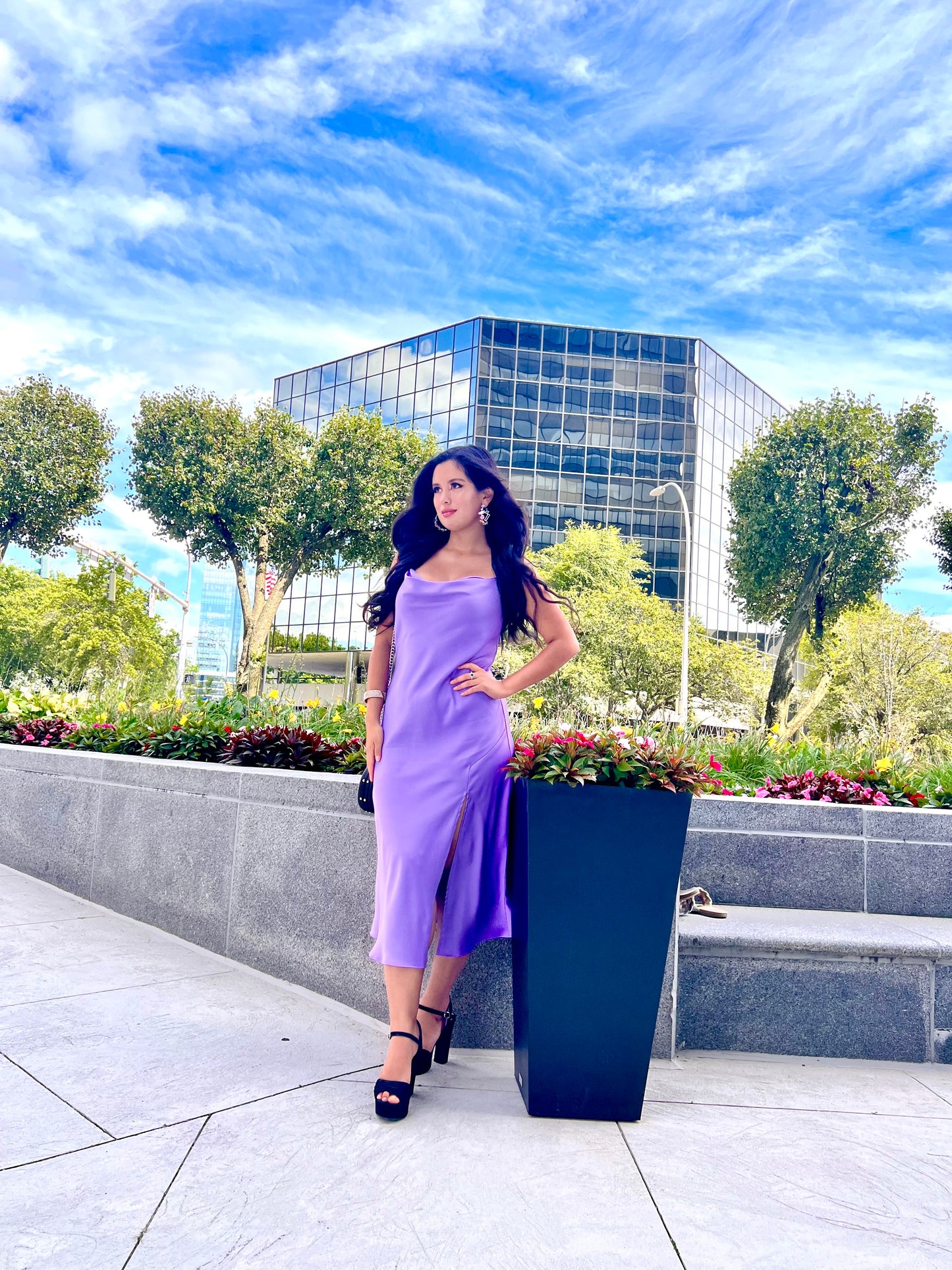 Lilac satin cowl neck midi dress with side slit