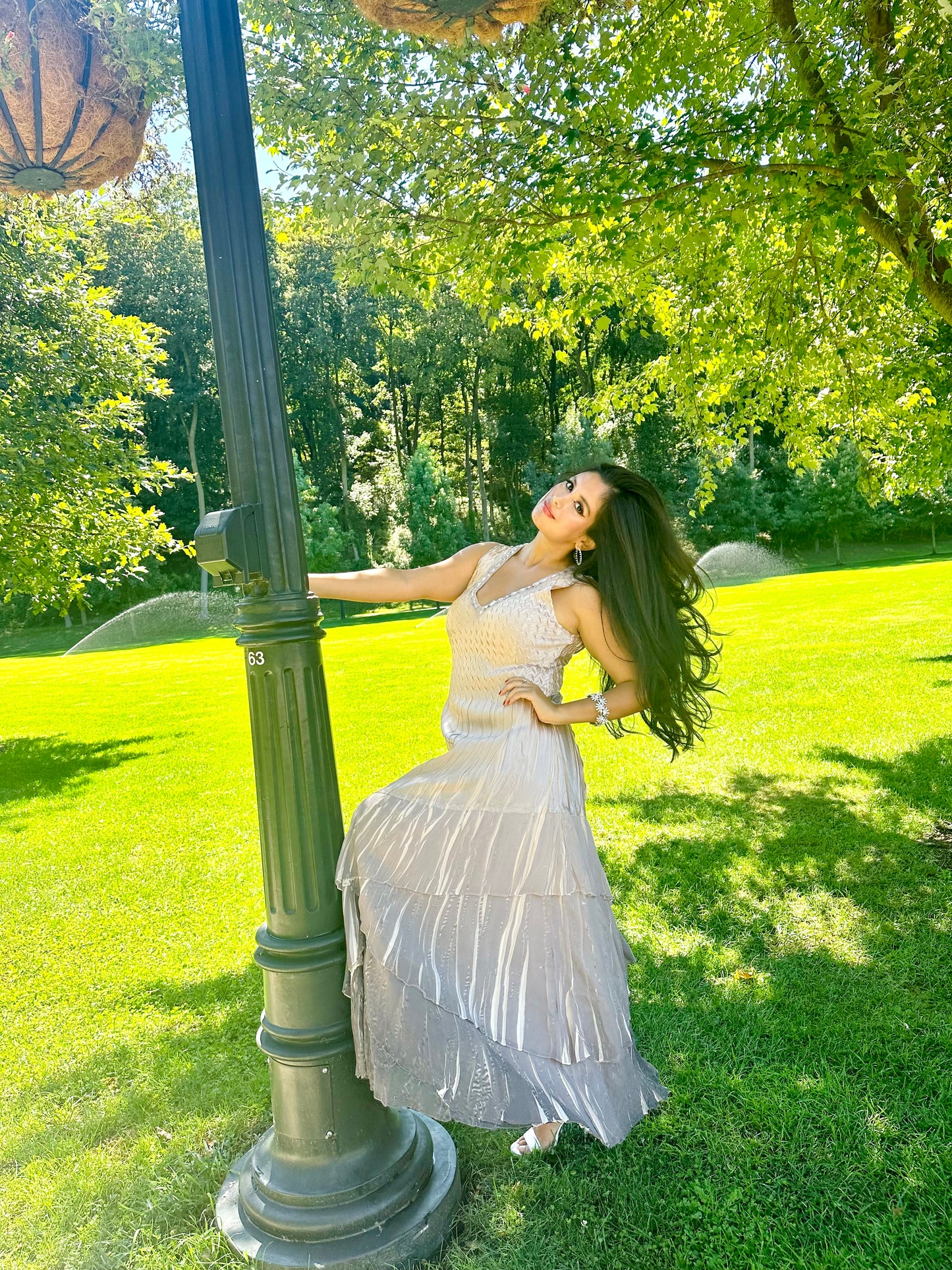 Beaded charmeuse and chiffon beige maxi dress