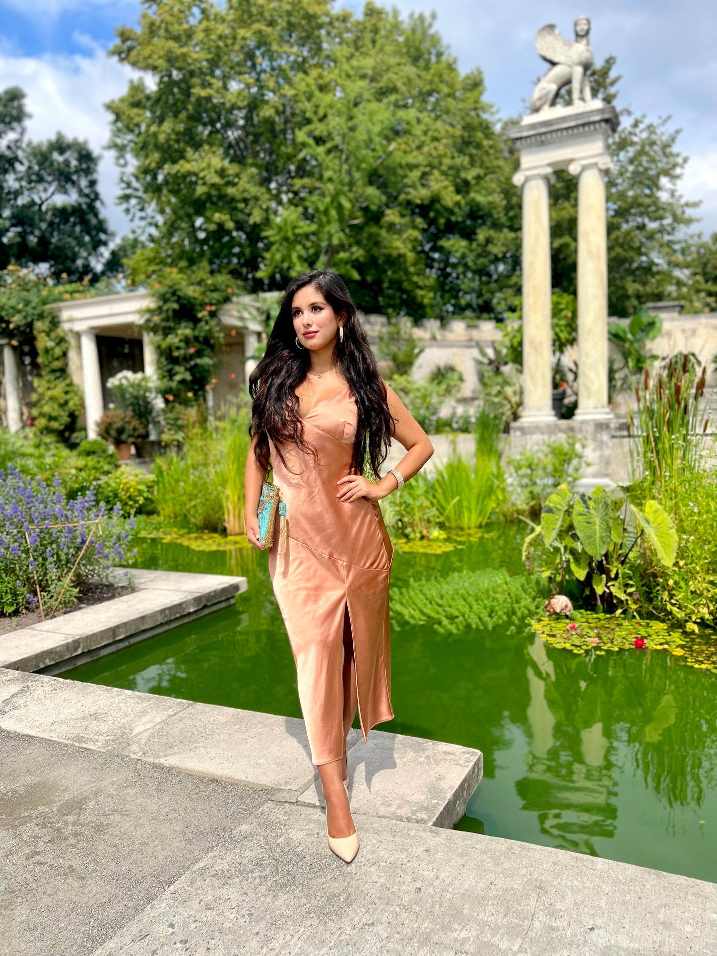 Coral pink satin cowl neck midi dress with side slit