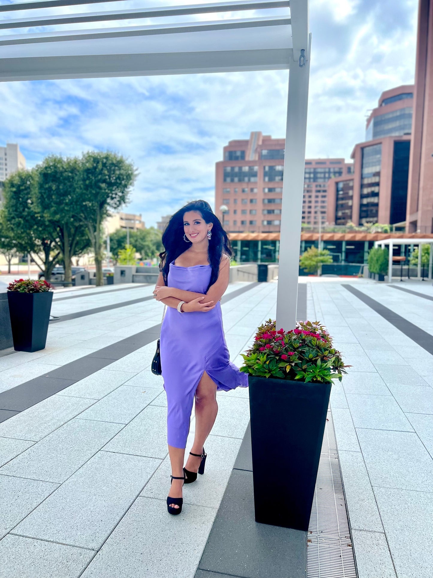 Lilac satin cowl neck midi dress with side slit