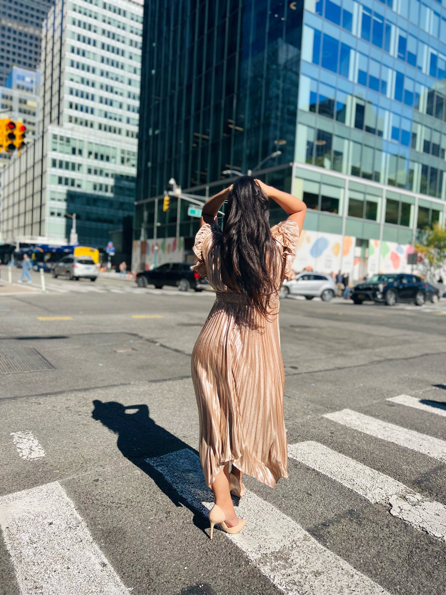 👑Princess Cleopatra metallic gold pleated dress