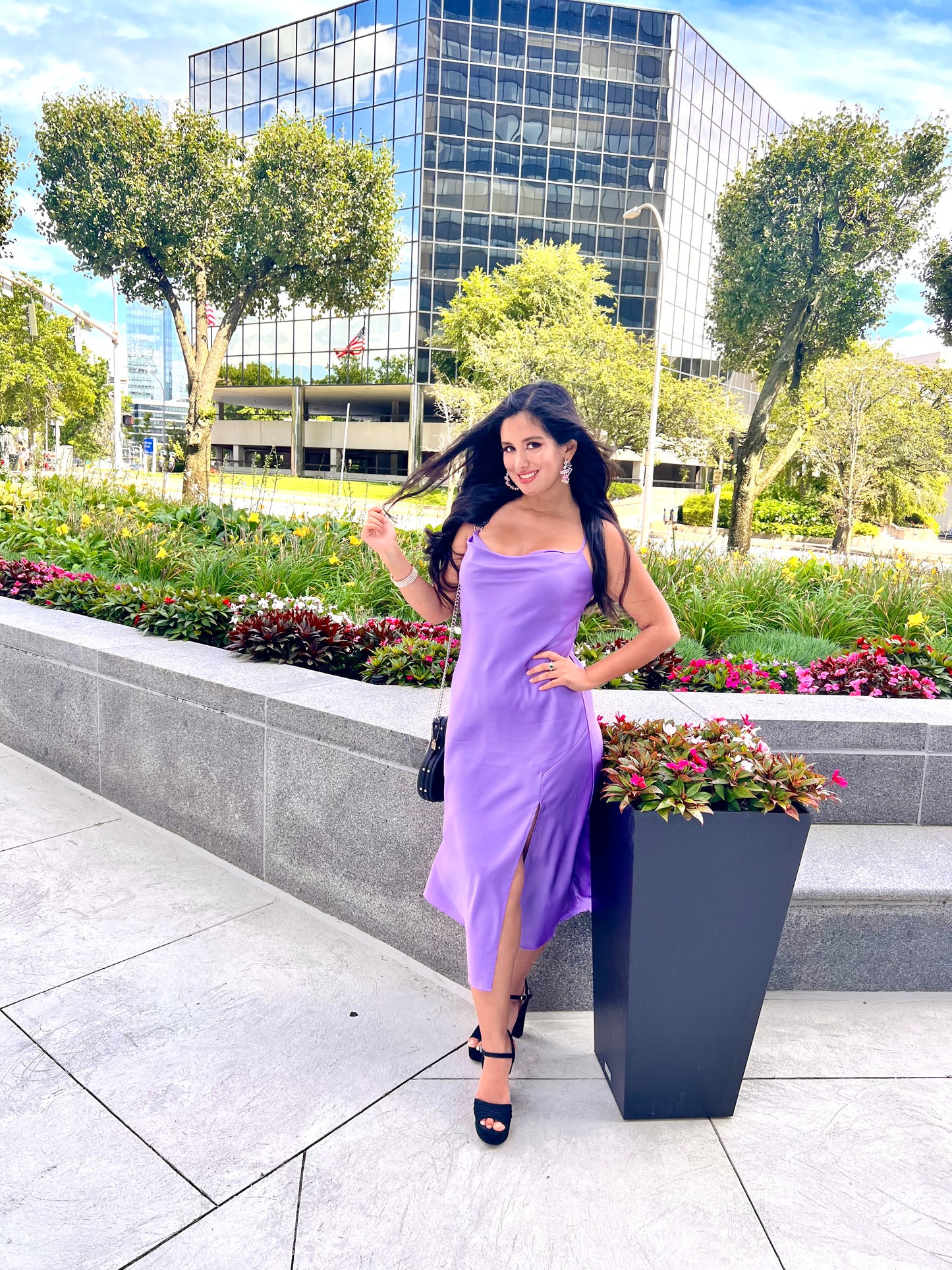 Lilac satin cowl neck midi dress with side slit