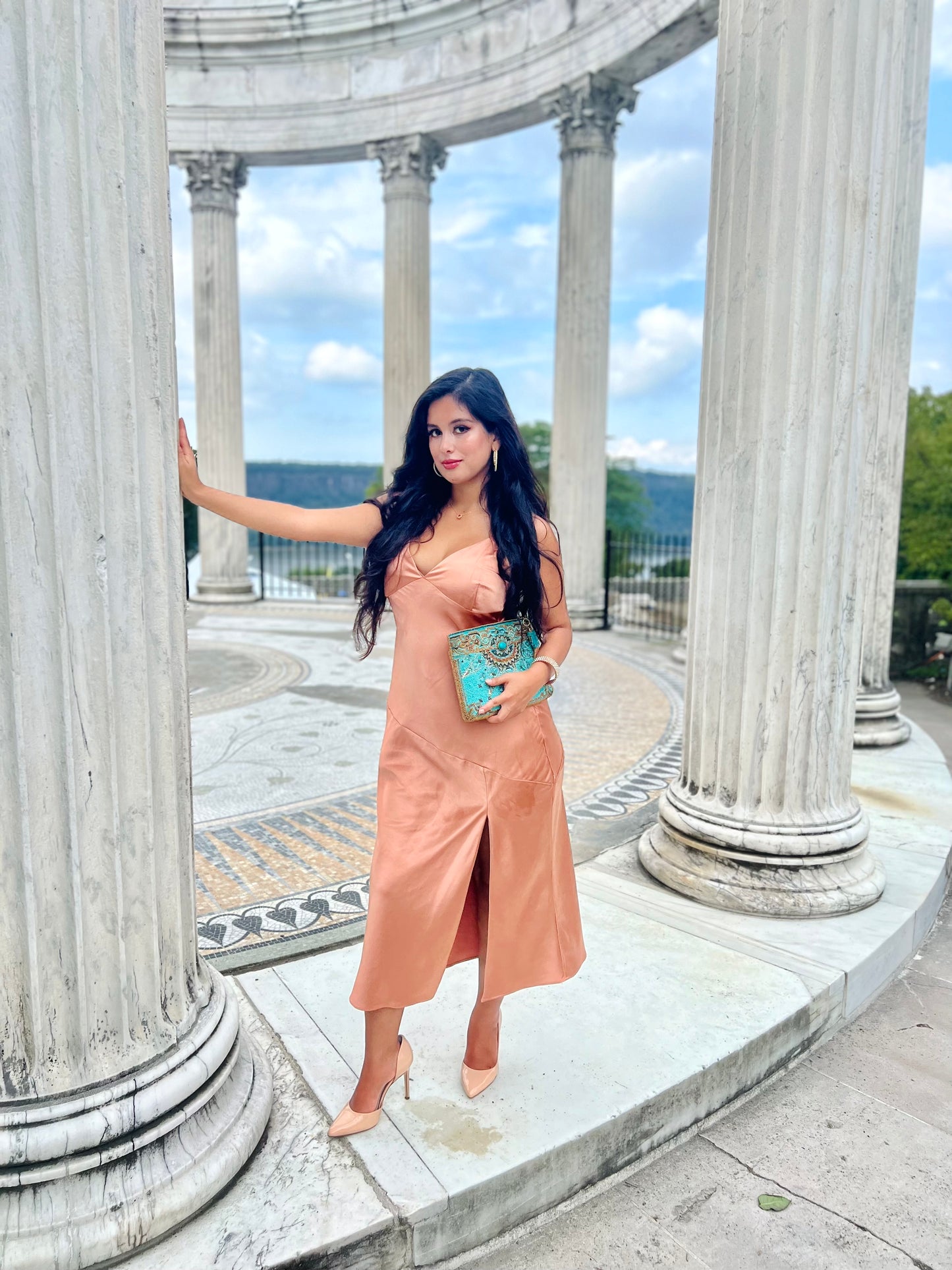Coral pink satin cowl neck midi dress with side slit