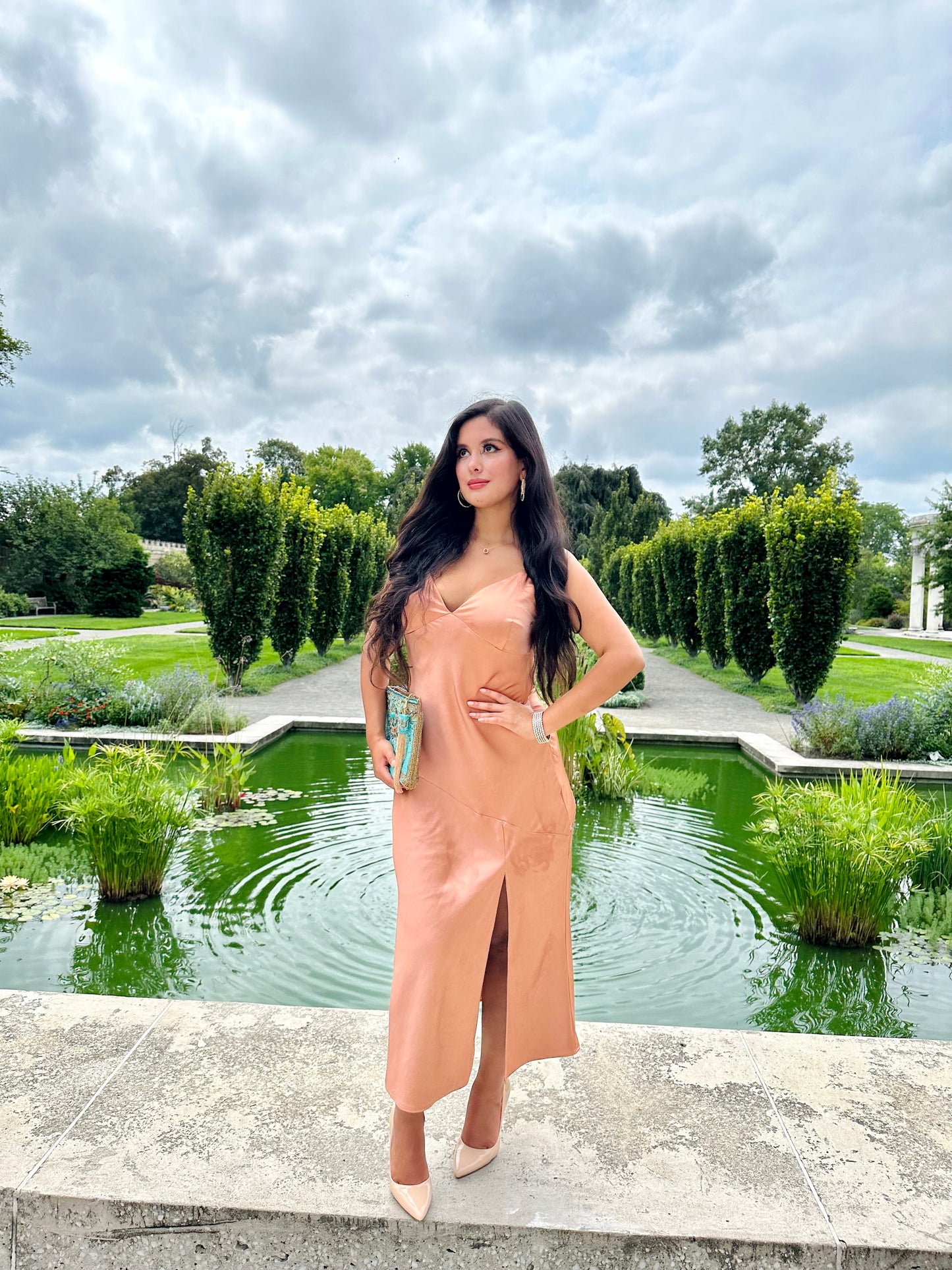 Coral pink satin cowl neck midi dress with side slit