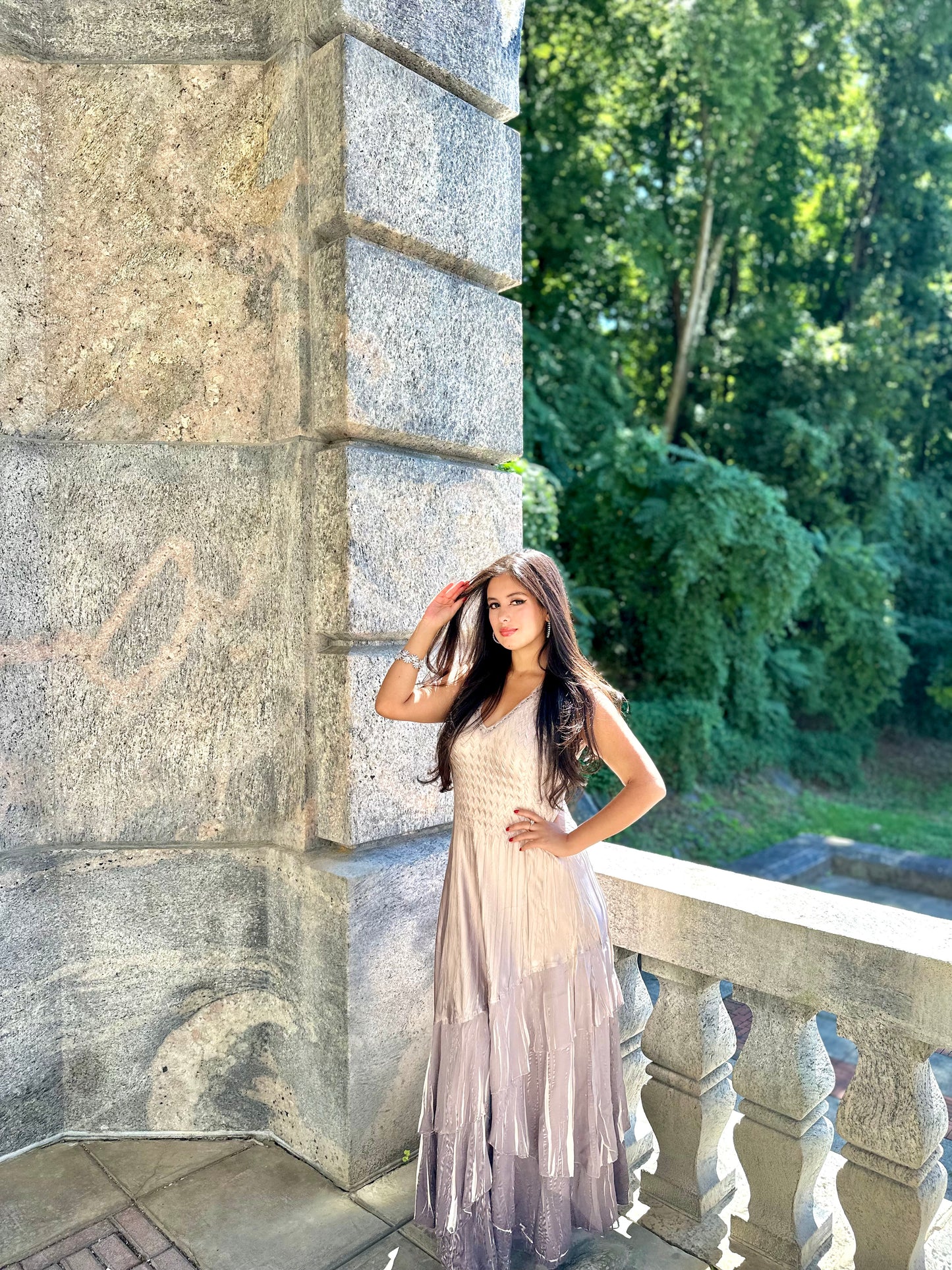 Beaded charmeuse and chiffon beige maxi dress