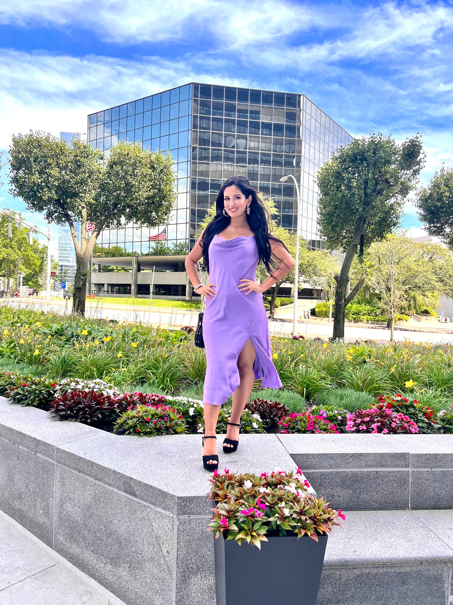 Lilac satin cowl neck midi dress with side slit