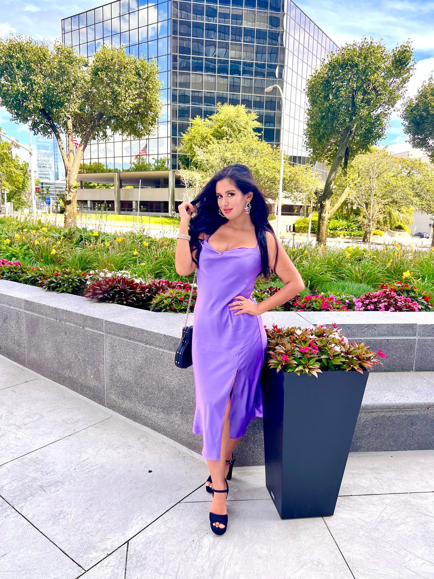 Lilac satin cowl neck midi dress with side slit