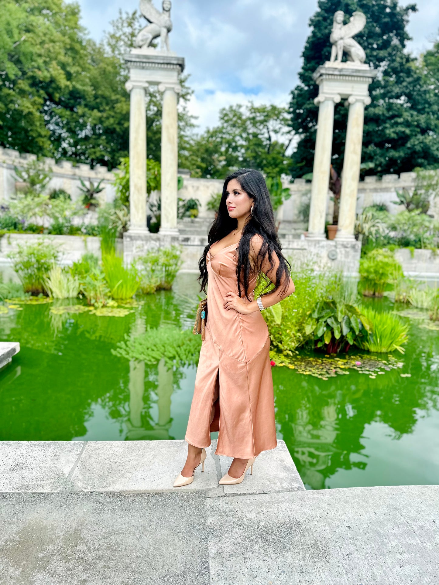 Coral pink satin cowl neck midi dress with side slit