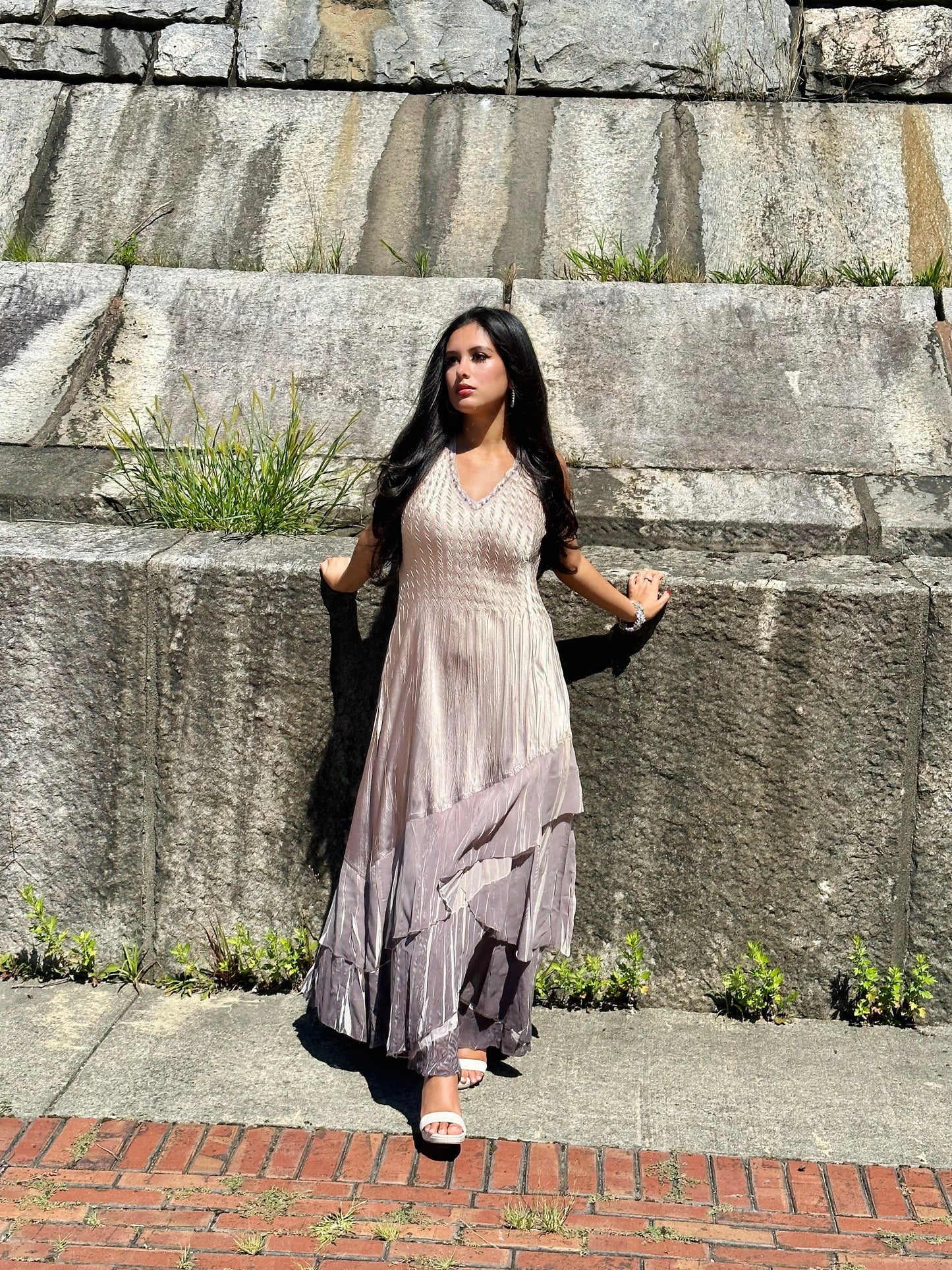 Beaded charmeuse and chiffon beige maxi dress