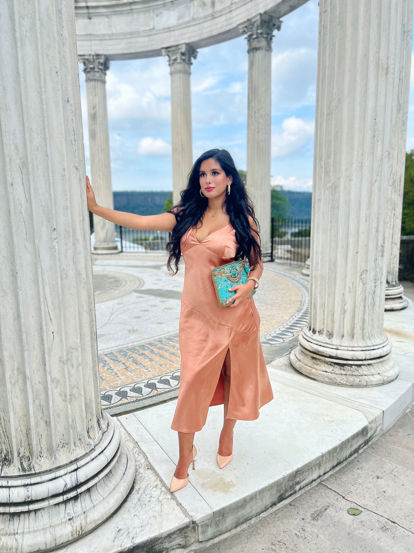 Coral pink satin cowl neck midi dress with side slit