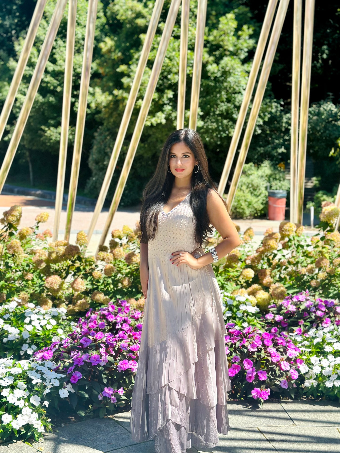 Beaded charmeuse and chiffon beige maxi dress