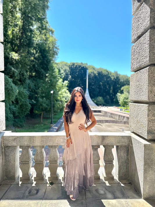 Beaded charmeuse and chiffon beige maxi dress