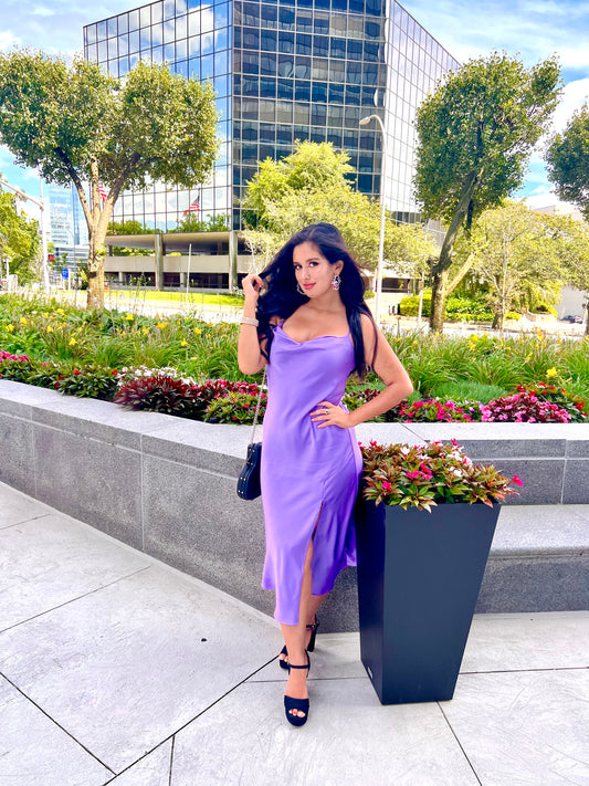 Lilac satin cowl neck midi dress with side slit
