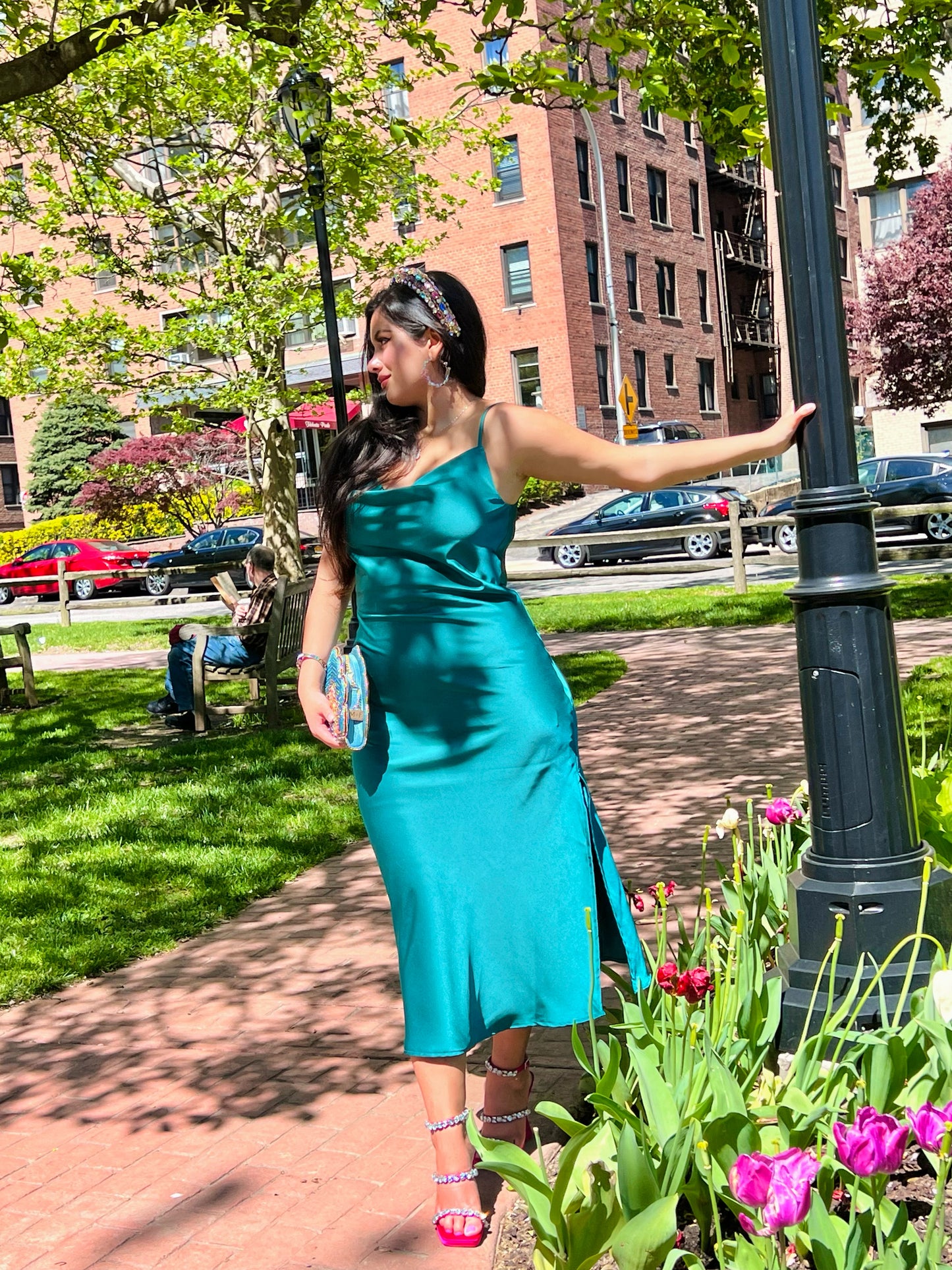 👑Princess Ariel satin cowl neck teal midi dress
