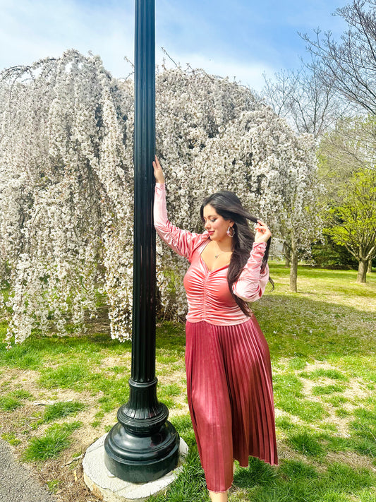 👑Goddess Aurora pleated dusty pink satin skirt
