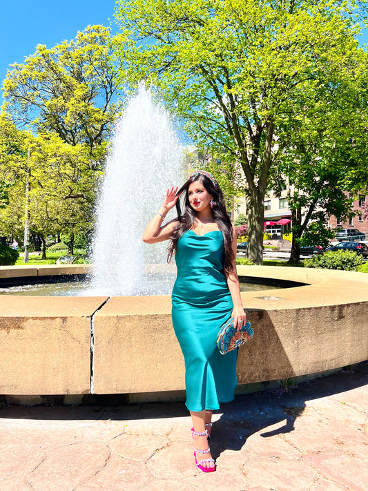 👑Princess Ariel satin cowl neck teal midi dress