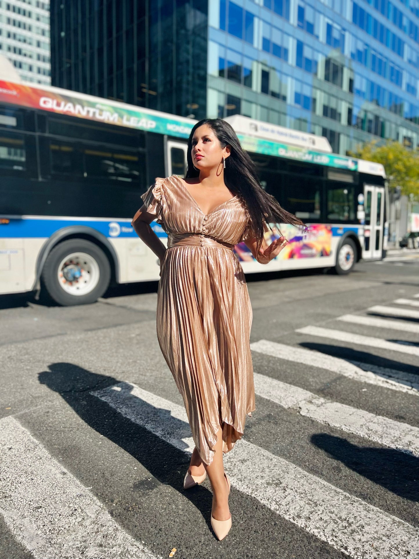 👑Princess Cleopatra metallic gold pleated dress