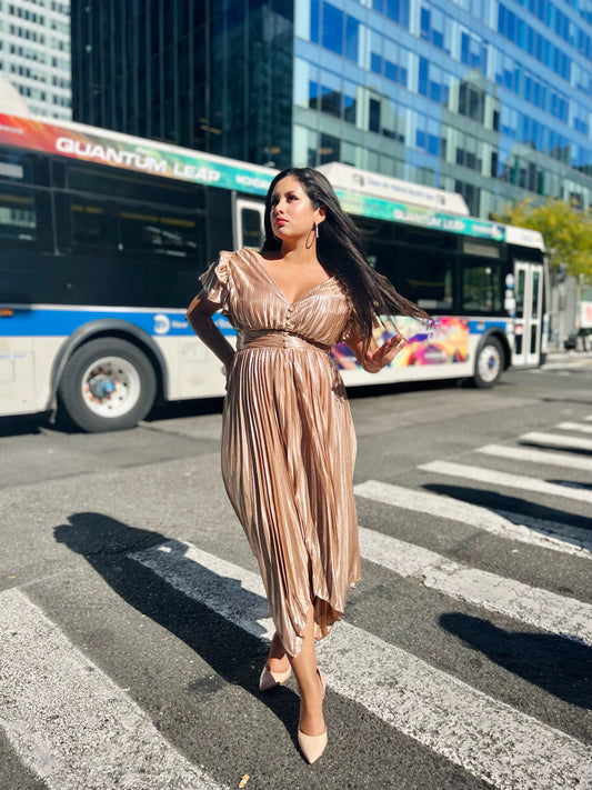 👑Princess Cleopatra metallic gold pleated dress